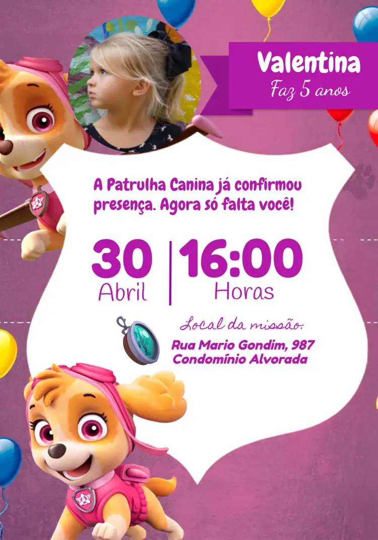 Convite Patrulha Canina Com Foto Roxo – tema Aniversário Infantil roxo, rosa, branco, glitter, divertido, infantil