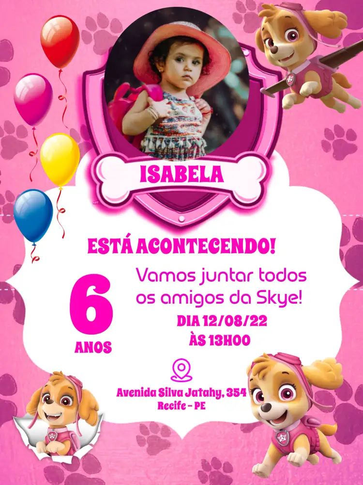 Convite Patrulha Canina Com Foto Skye – tema Aniversário Infantil cores rosa e roxo, estilo divertido, elementos gráficos de balões, tema de animais, design lúdico