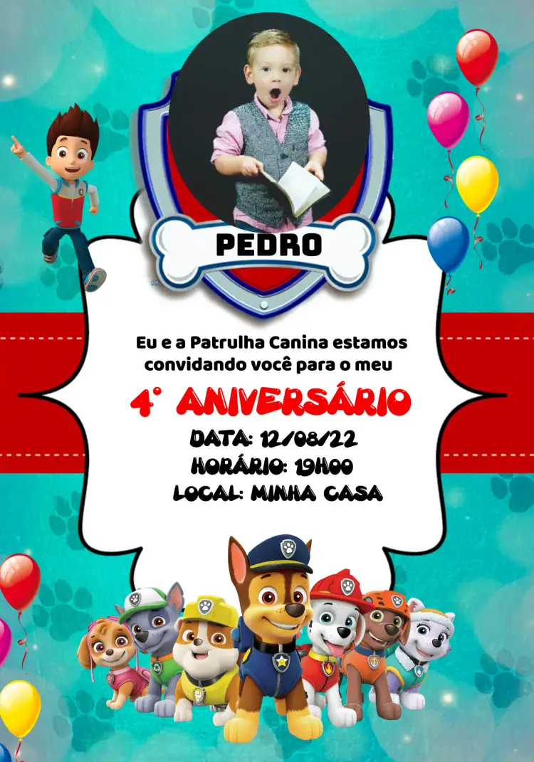 Convite Patrulha Canina Com Foto Vermelho – tema Aniversário Infantil vermelho vibrante, temática infantil, design moderno, elementos gráficos divertidos, estilo colorido, personagens da Patrulha Canina