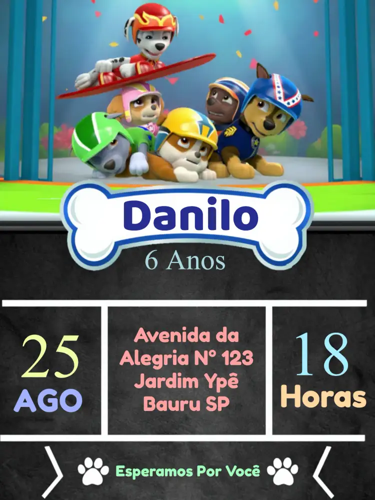 Convite Patrulha Canina Crianço – tema Mais pesquisados colorido, divertido, infantil, tema de cachorro, moderno, temático