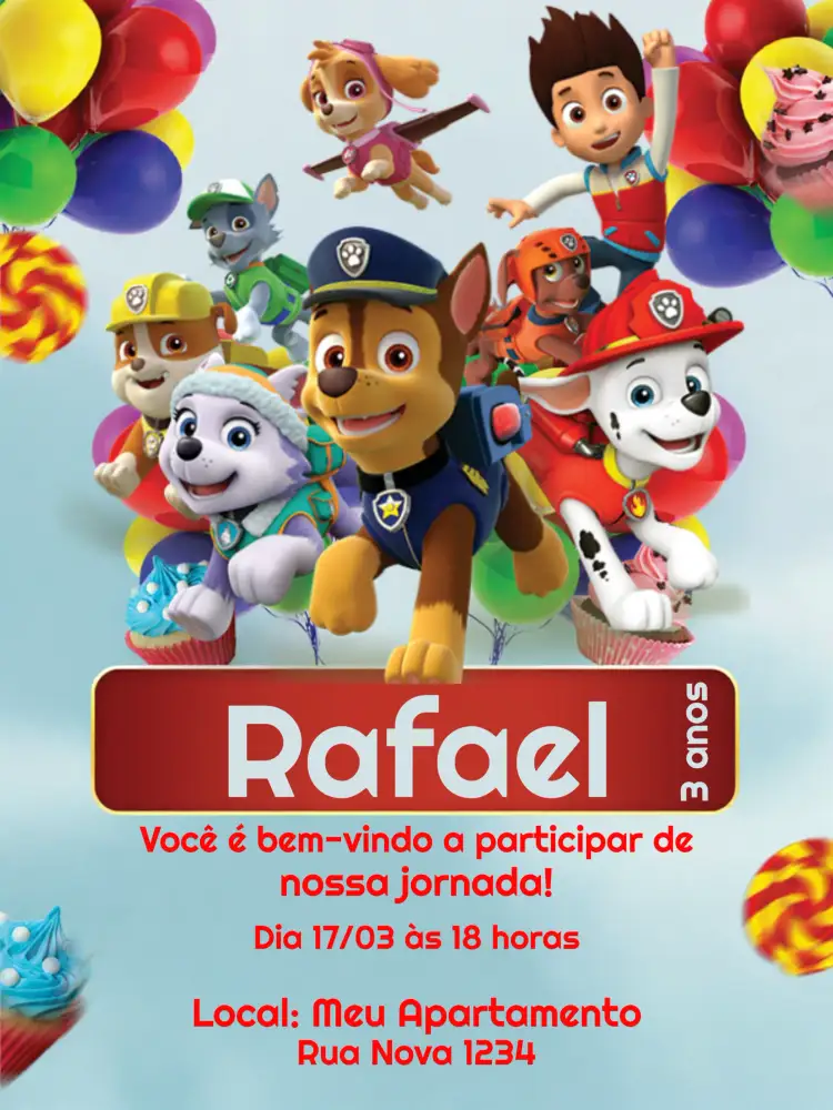 Convite Patrulha Canina Digital – tema Aniversário Infantil divertido, colorido, temático, infantil, moderno