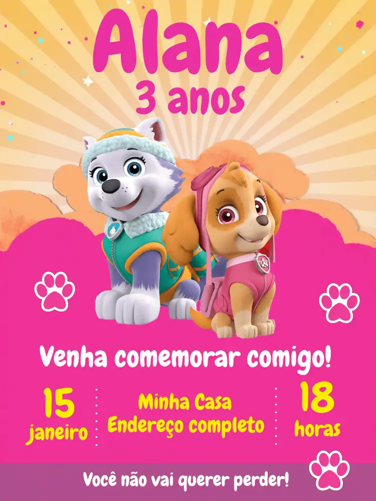 Convite Patrulha Canina Digital – tema Aniversário Infantil cores vibrantes, personagens infantis, estilo divertido, design colorido, elementos gráficos da Patrulha Canina