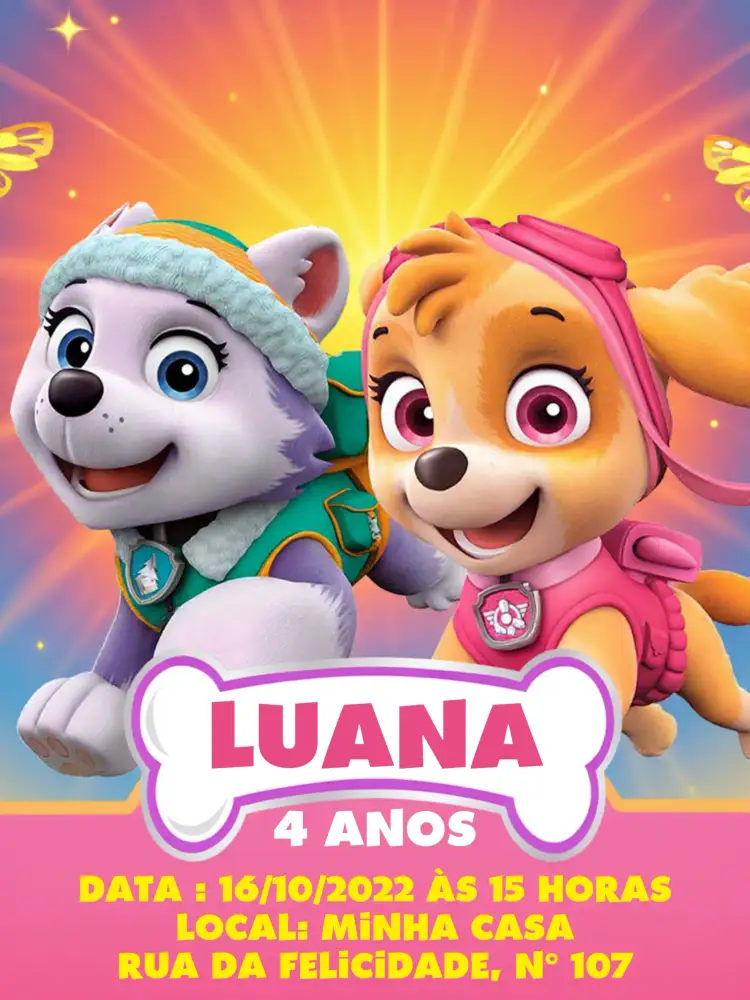 Convite Patrulha Canina Dourado – tema Aniversário Infantil dourado, azul, rosa, temática, infantil