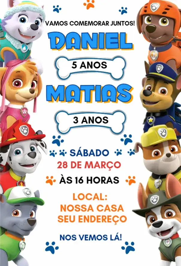 Convite Patrulha Canina duplo – tema Aniversário colorido, divertido, temático, infantil, animado