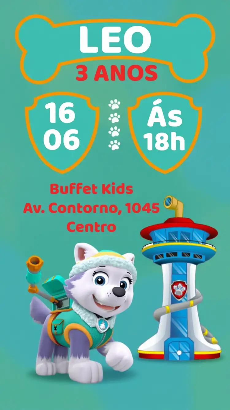 Convite Patrulha Canina Everest Personagem – tema Aniversário Infantil colorido, divertido, temático, animado, infantil