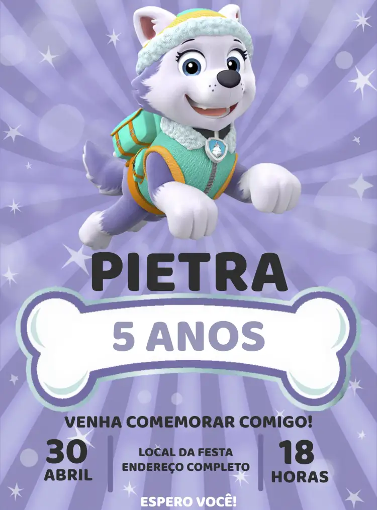 Convite Patrulha Canina Everest Vermelho – tema Aniversário Infantil vermelho, cinza, infantil, divertido, temático, aventura