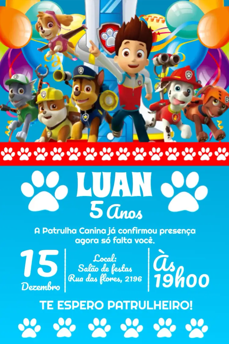 Convite Patrulha Canina Festa – tema Aniversário Infantil temática infantil, cores vibrantes, design divertido, elementos da Patrulha Canina, estilo moderno, ilustrações coloridas