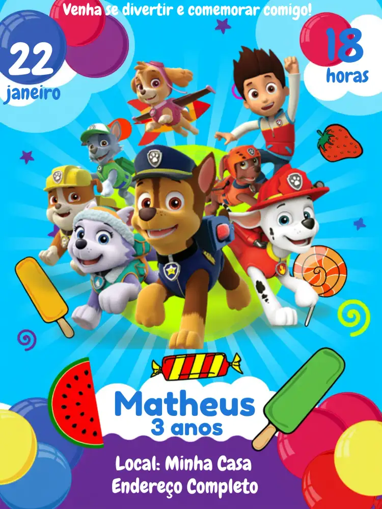 Convite Patrulha Canina Festa – tema Aniversário Infantil divertido, colorido, infantil, temático, moderno