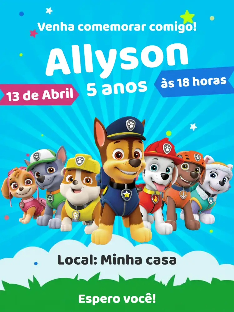 Convite Patrulha Canina Festa – tema Aniversário Infantil colorido, divertido, temático, infantil, animado