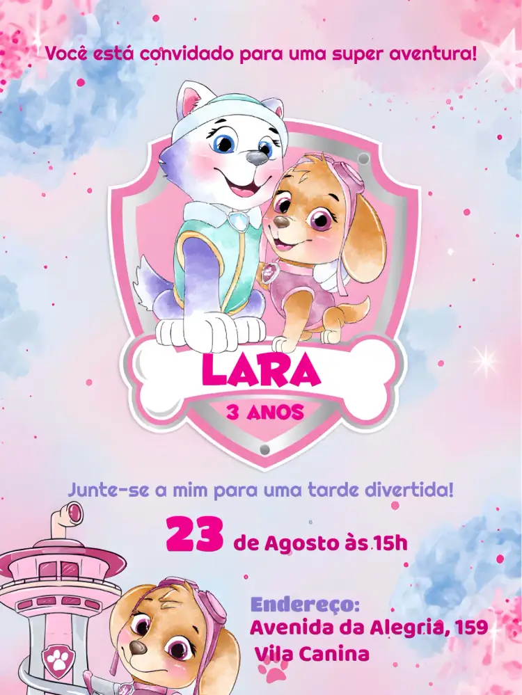 Convite Patrulha Canina Festa – tema Aniversário Infantil aquarela, rosa, divertido, colorido, temático, infantil