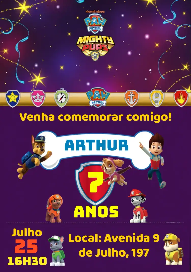 Convite Patrulha Canina Filme – tema Aniversário Infantil colorido, divertido, temático, infantil, animais, aventura