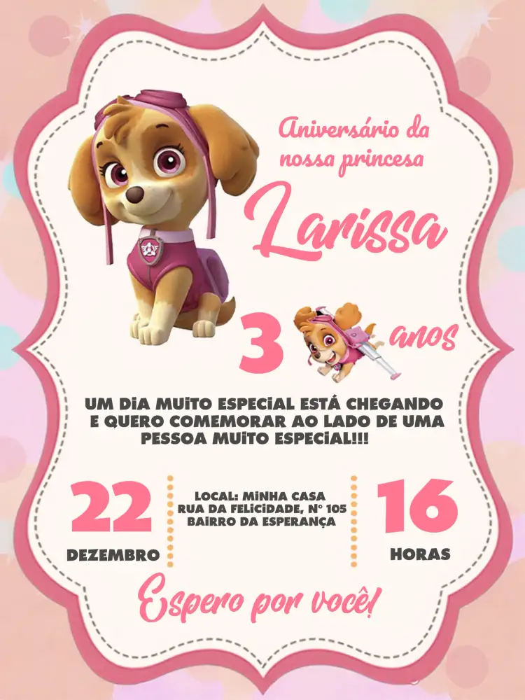 Convite Patrulha Canina Frame – tema Aniversário Infantil rosa, branco, cinza, listrado, divertido, infantil
