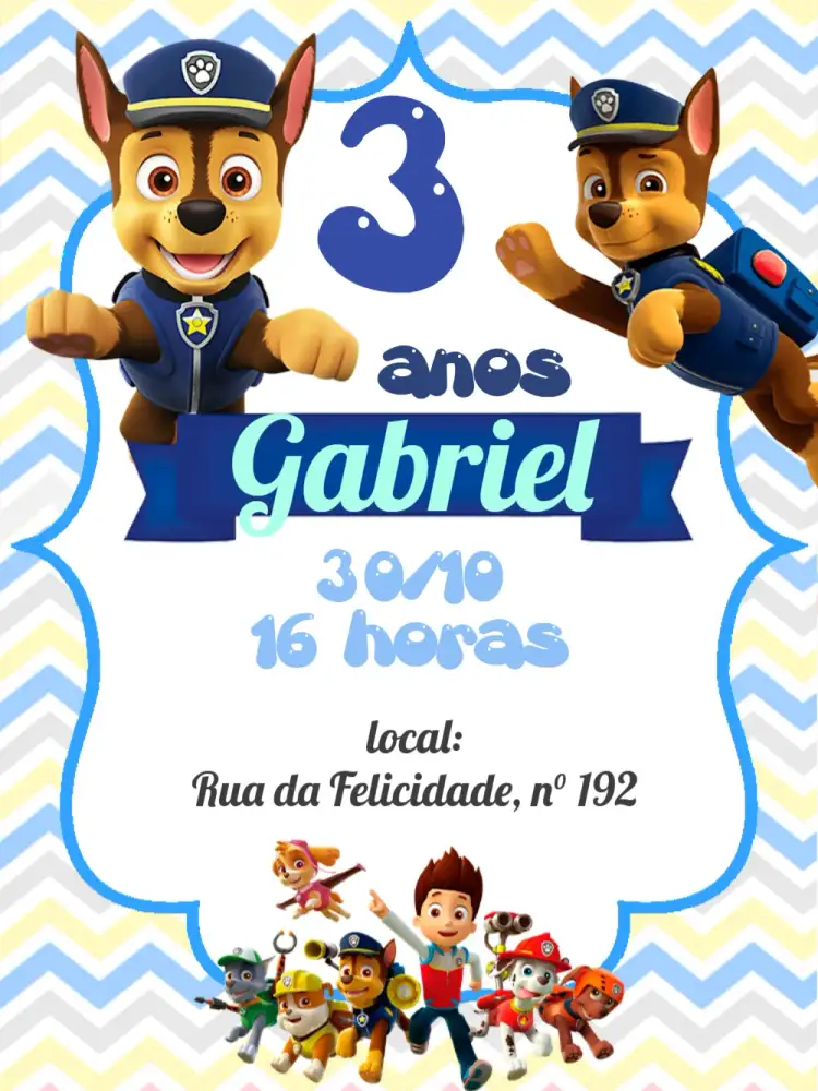 Convite Patrulha Canina Fundo – tema Aniversário Infantil azul, listrado, divertido, colorido, infantil