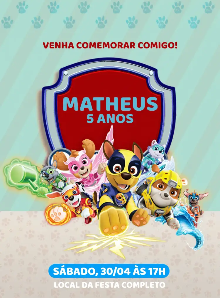Convite Patrulha Canina Heróis Chase – tema Aniversário Infantil colorido, divertido, temático, infantil, animado, cartoon