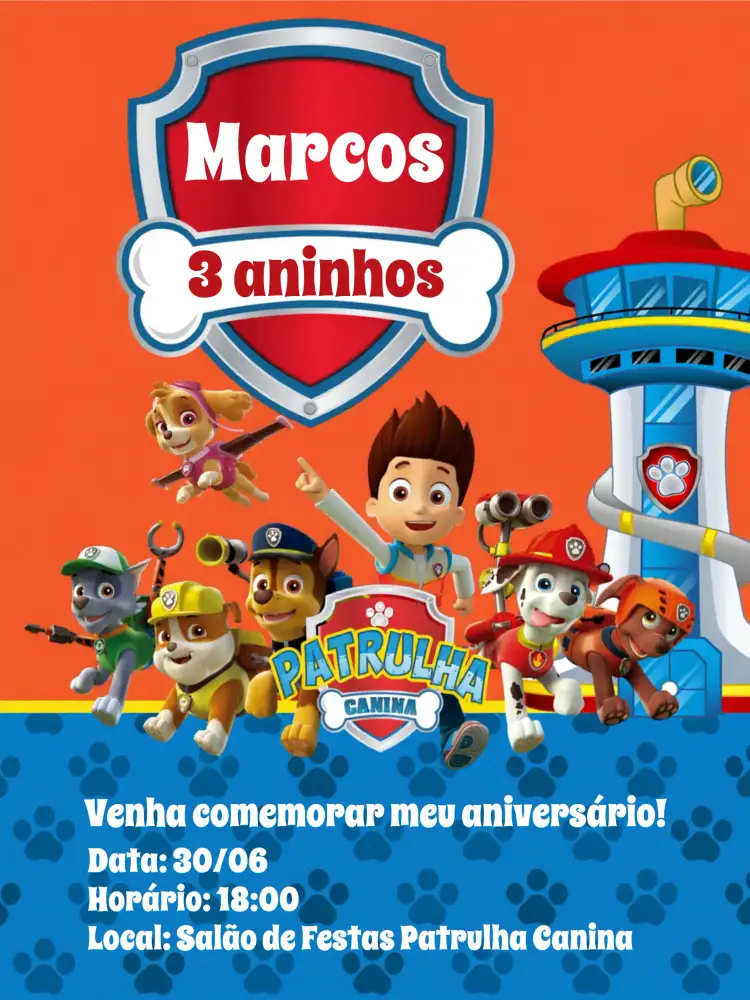 Convite Patrulha Canina Infantil – tema Mais pesquisados colorido, divertido, infantil, temático, animado