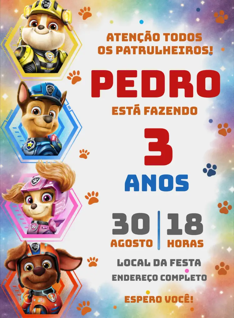 Convite Patrulha Canina Infantil – tema Aniversário Infantil colorido, temático, divertido, infantil, animado