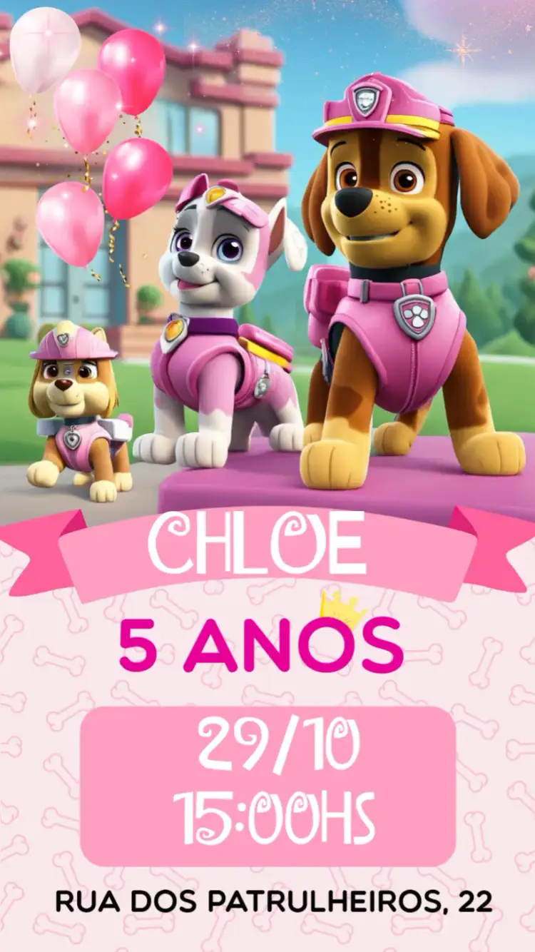 Convite Patrulha Canina Infantil – tema Aniversário Infantil rosa, divertido, infantil, lúdico, colorido, moderno
