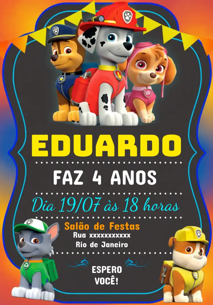 Convite Patrulha Canina Infantil – tema Aniversário Infantil colorido, divertido, temático, infantil, ilustrações de animais