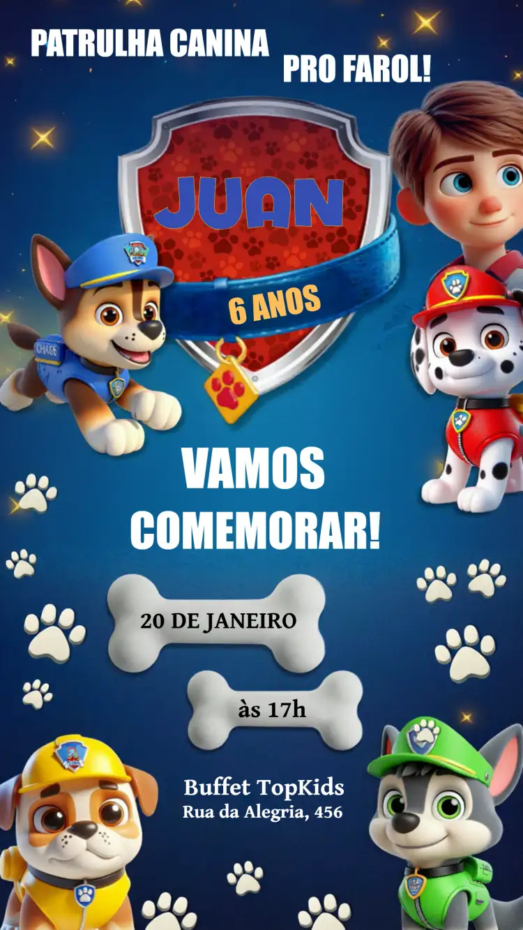 Convite Patrulha Canina Infantil – tema Aniversário Infantil colorido, infantil, temático, divertido, vibrante