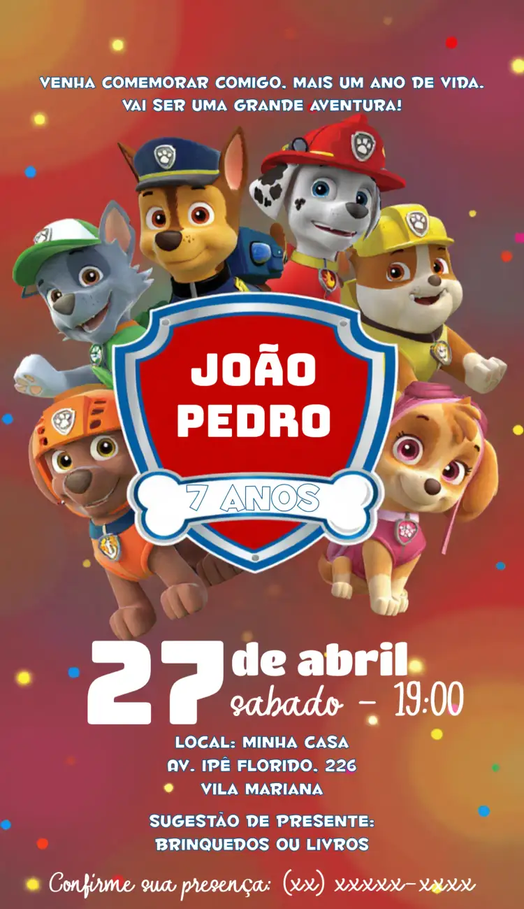 Convite Patrulha Canina Infantil – tema Aniversário Infantil colorido, divertido, temático, lúdico, animais, aventura