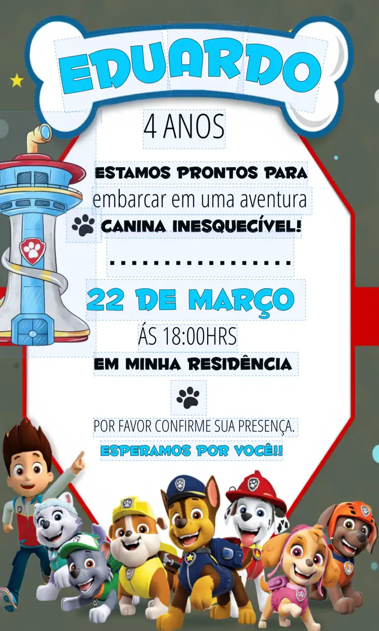Convite Patrulha Canina Infantil – tema Aniversário Infantil cores vibrantes, estilo divertido, elementos gráficos infantis, temática de aventura, ilustrações de personagens, design colorido