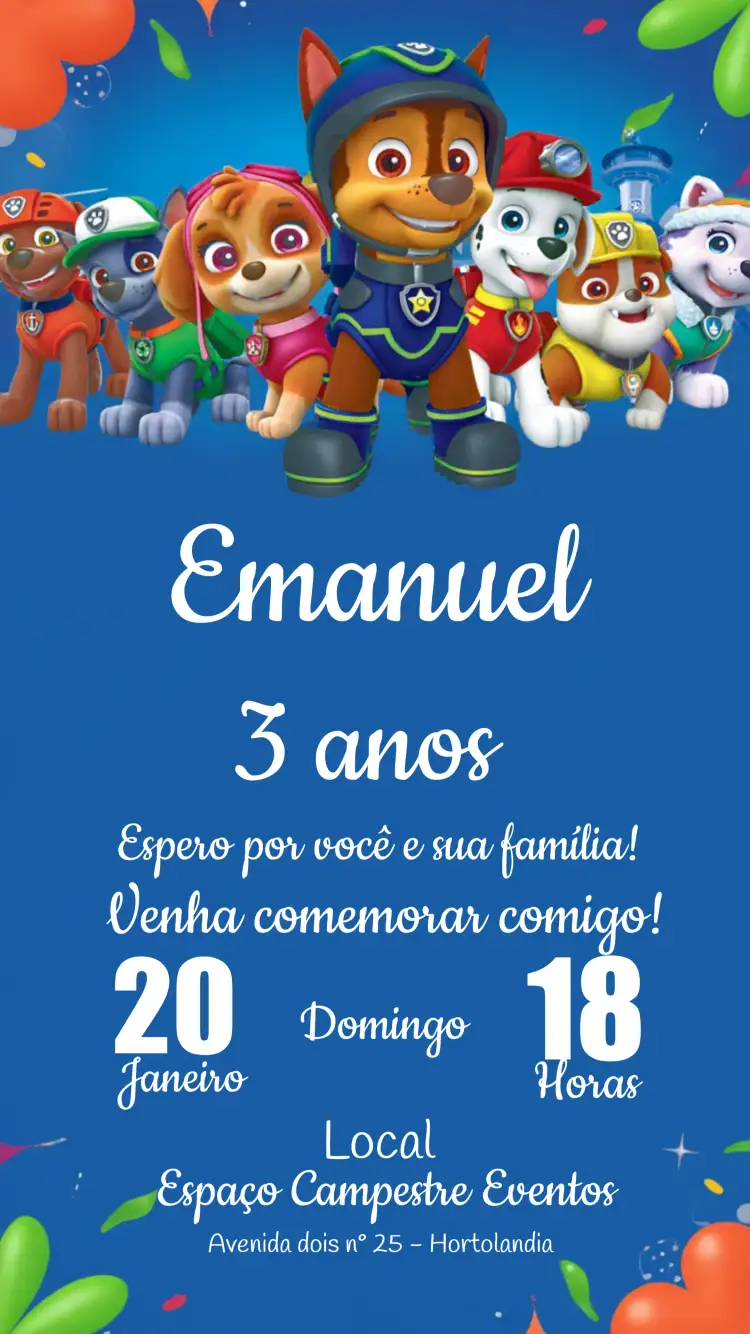 Convite Patrulha Canina Infantil – tema Aniversário Infantil divertido, colorido, infantil, temático, brincalhão, animado