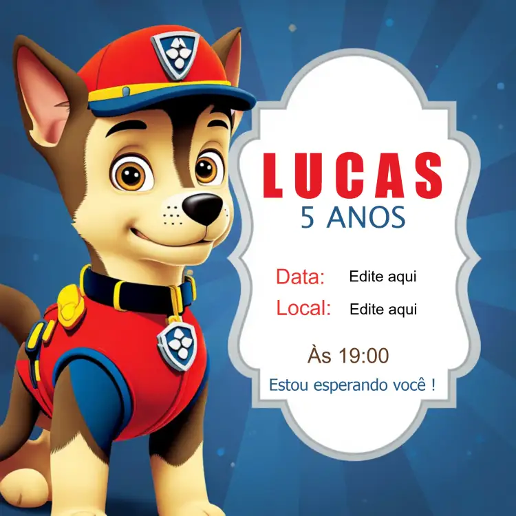 Convite Patrulha Canina Infantil – tema Aniversário Infantil cores vibrantes, estilo divertido, elementos gráficos da Patrulha Canina, ilustrações coloridas, design animado, temática de aventura