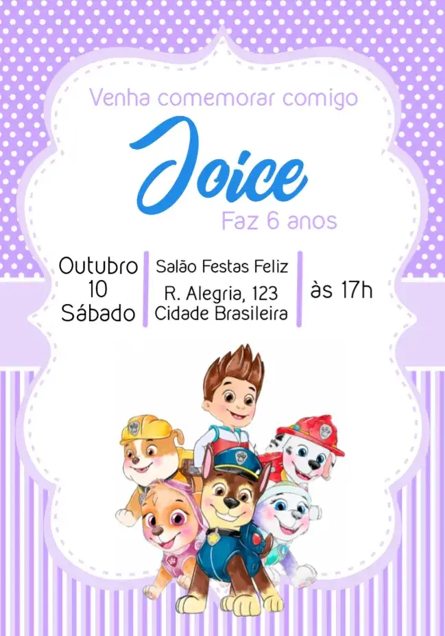 Convite Patrulha Canina Lilás – tema Aniversário Infantil lilás, roxo, aquarela, divertido, infantil, temático