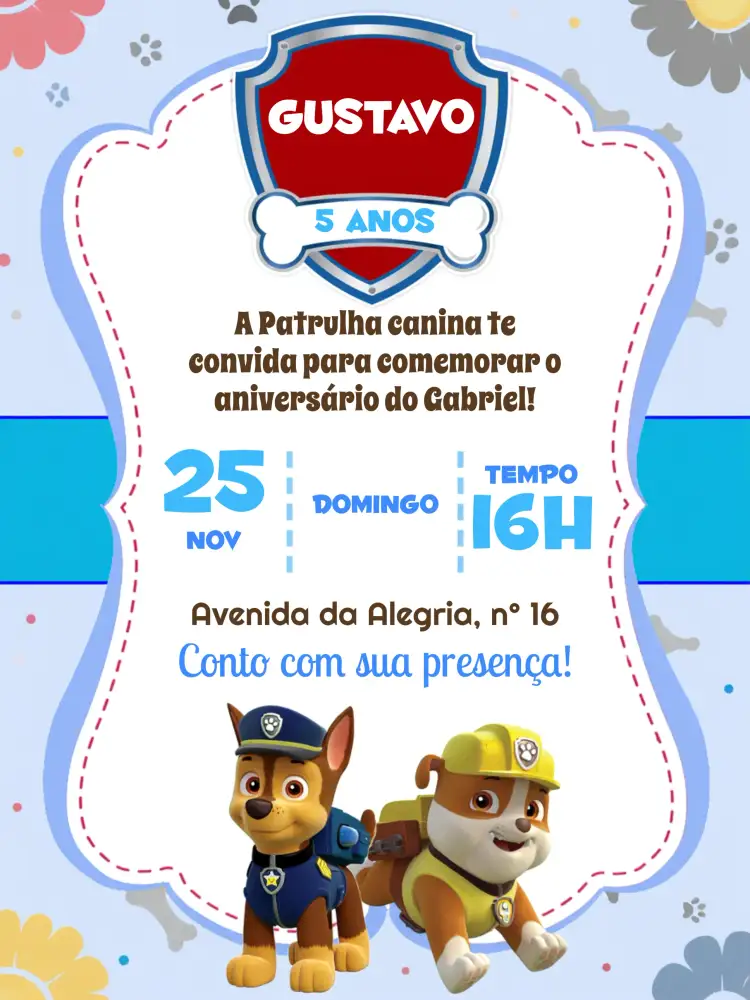 Convite Patrulha Canina Marrom – tema Aniversário Infantil marrom, azul, branco, temática infantil, divertido, ilustrações de cachorro