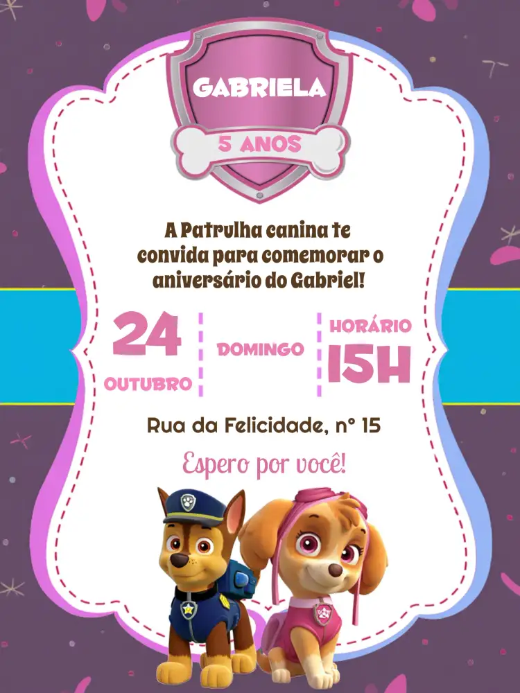 Convite Patrulha Canina Marrom – tema Aniversário Infantil marrom, rosa, branco, divertido, infantil, temático