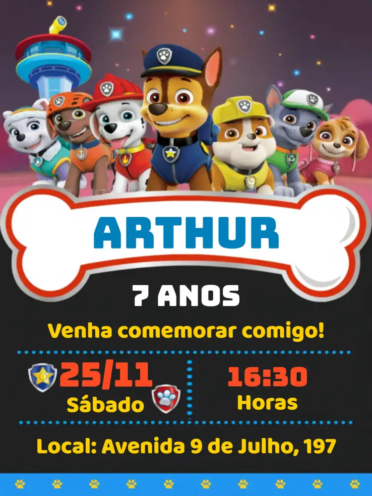 Convite Patrulha Canina Marshall – tema Aniversário Infantil colorido, divertido, temático, infantil, ilustrações de cachorro