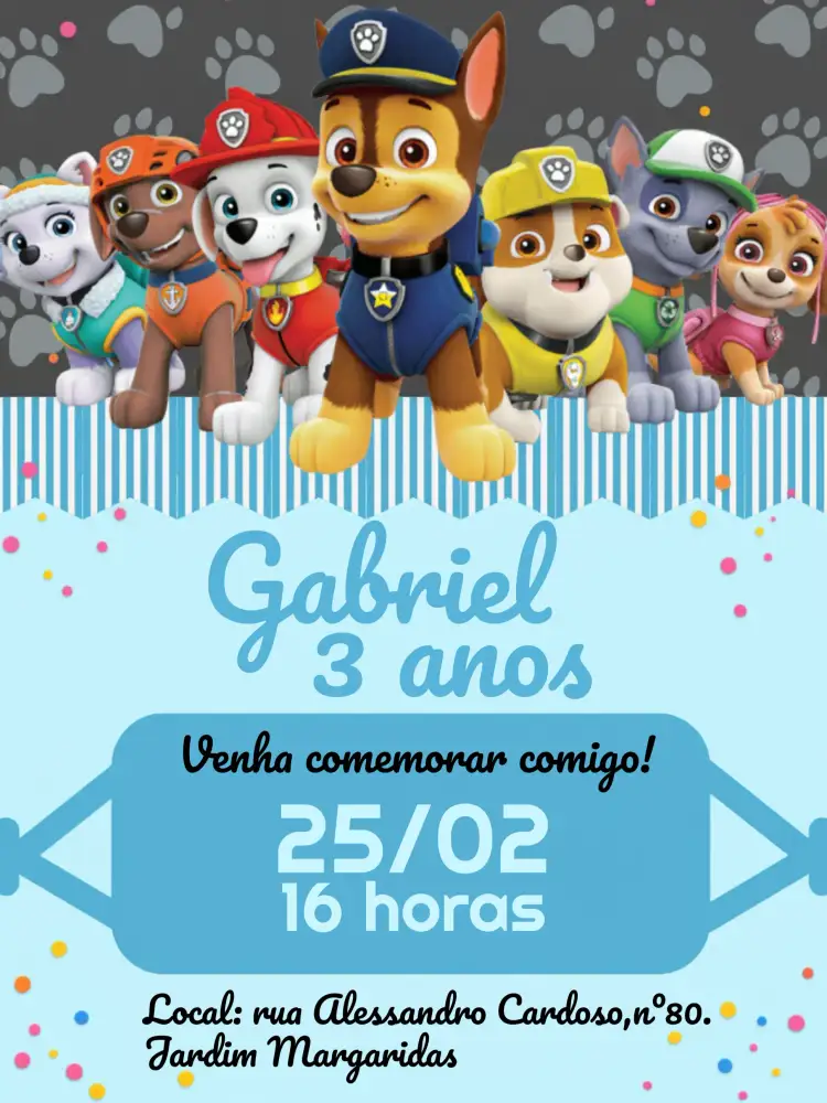 Convite Patrulha Canina Marshall – tema Aniversário Infantil azul, branco, preto, divertido, temático