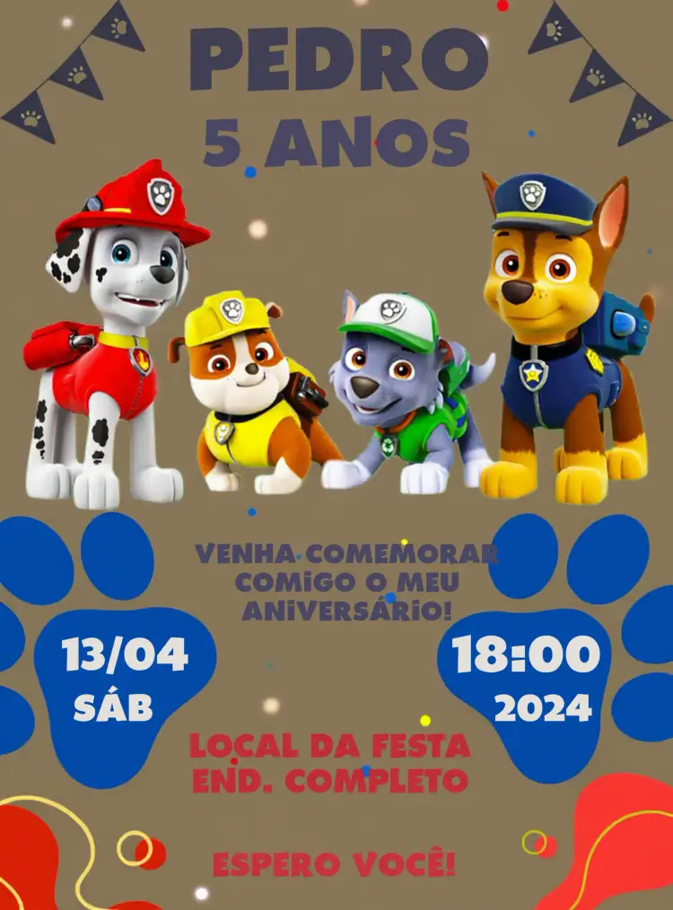 Convite Patrulha Canina Marshall – tema Aniversário Infantil colorido, aventura, infantil, divertido, animado, personagens