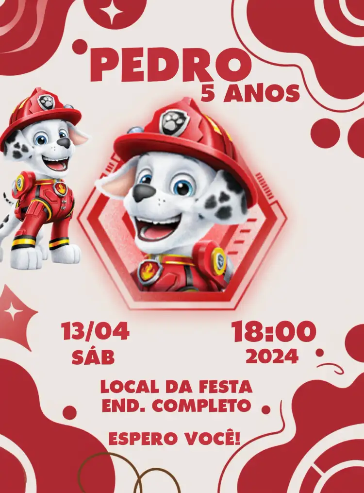 Convite Patrulha Canina Marshall Herói – tema Aniversário Infantil vermelho, divertido, infantil, aventura, colorido, temática