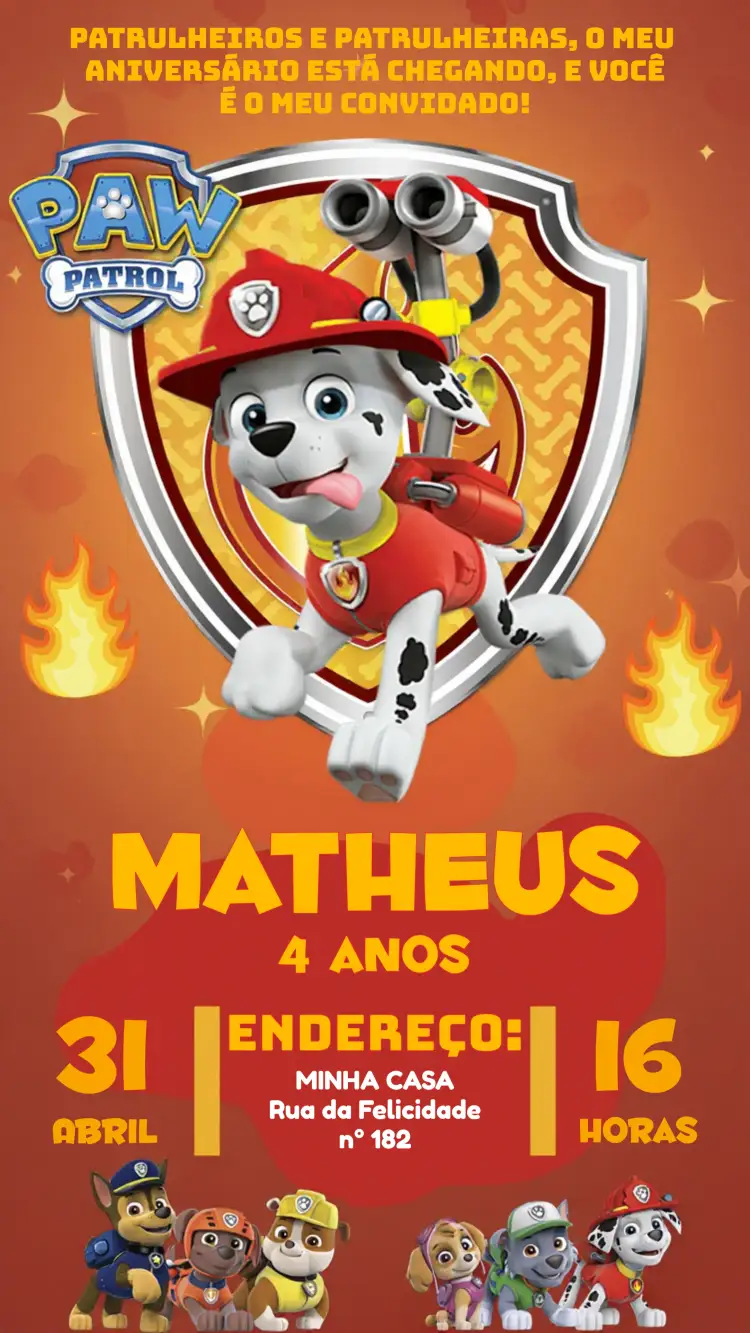 Convite Patrulha Canina Marshall Infantil – tema Mais pesquisados colorido, temático, divertido, infantil, animado