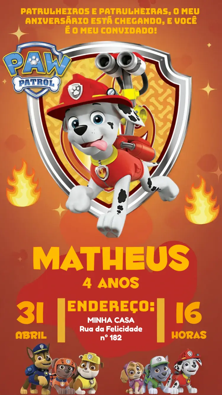 Convite Patrulha Canina Marshall Infantil