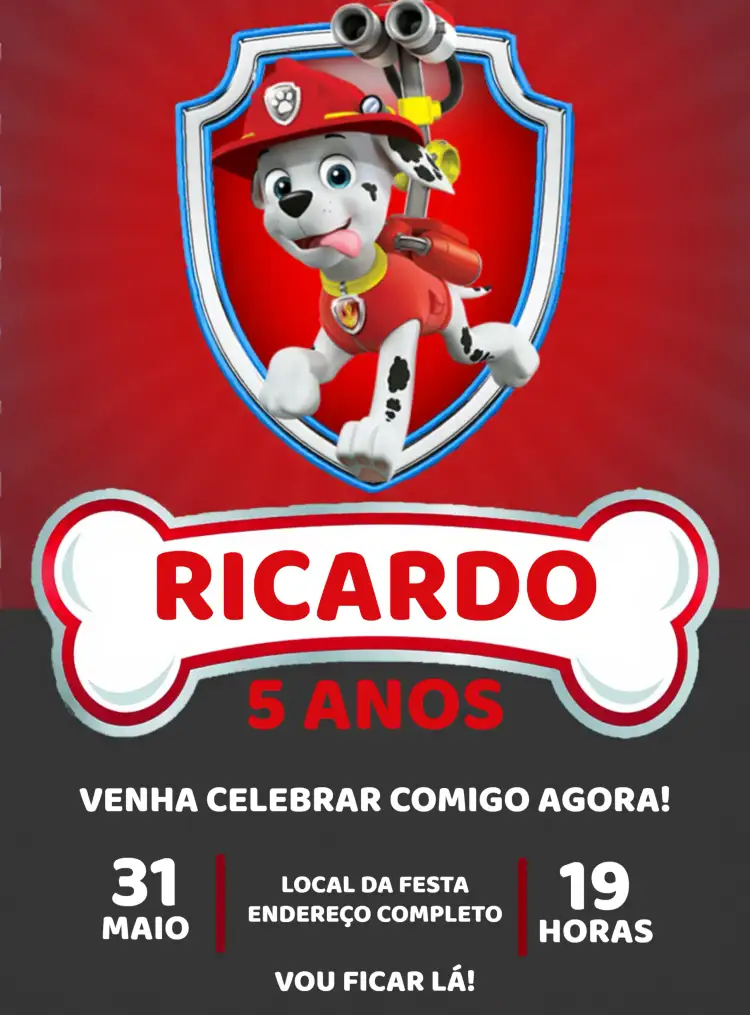Convite Patrulha Canina Marshall Patrol – tema Aniversário Infantil vermelho, cinza, branco, temática infantil, animais, aventura