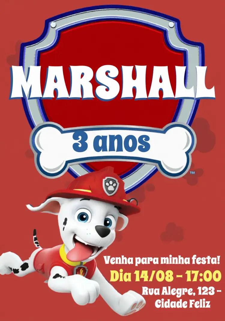 Convite Patrulha Canina Marshalll – tema Aniversário Infantil colorido, infantil, aventura, animais, diversão, temático