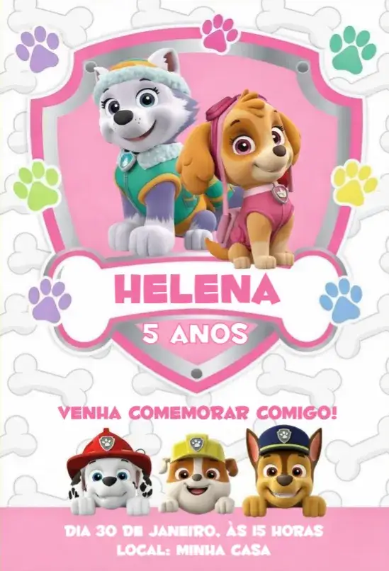 Convite Patrulha Canina Menina 1 – tema Aniversário rosa, divertido, infantil, colorido, temático, moderno