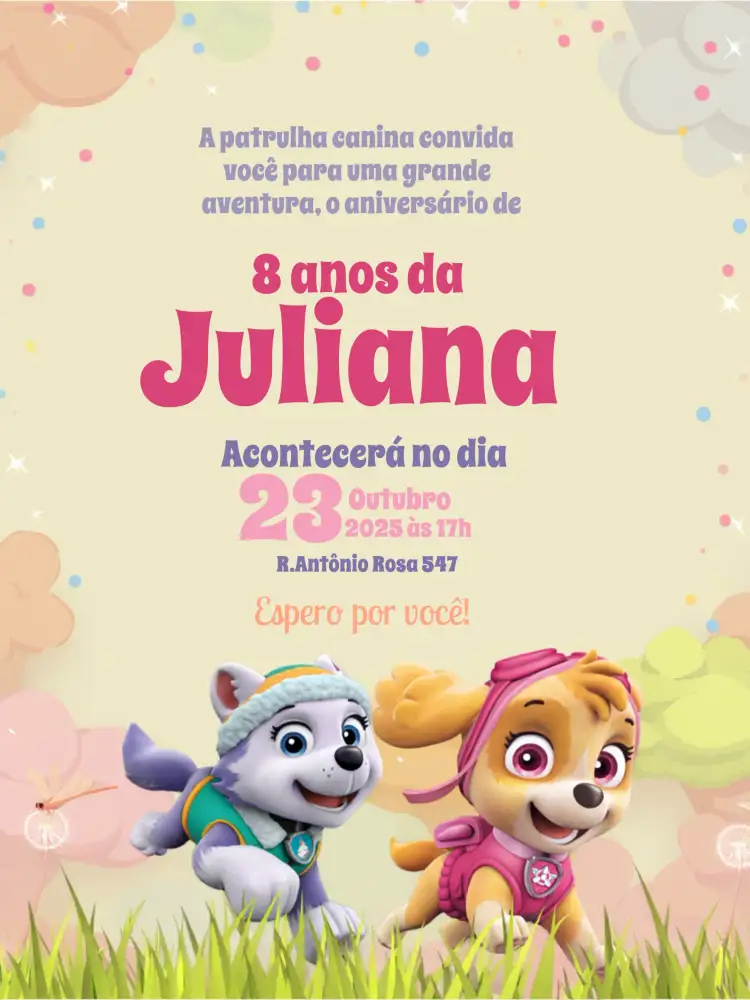 Convite Patrulha Canina Menina Rosa – tema Aniversário Infantil rosa, divertido, infantil, moderno, colorido, temático