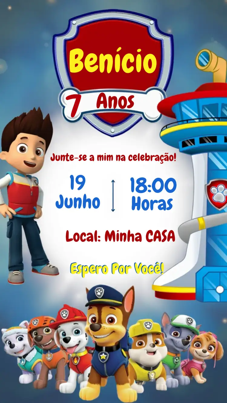 Convite Patrulha Canina Menino – tema Aniversário Infantil temática infantil, cores vibrantes, personagens de desenho, ilustrações divertidas, estilo moderno