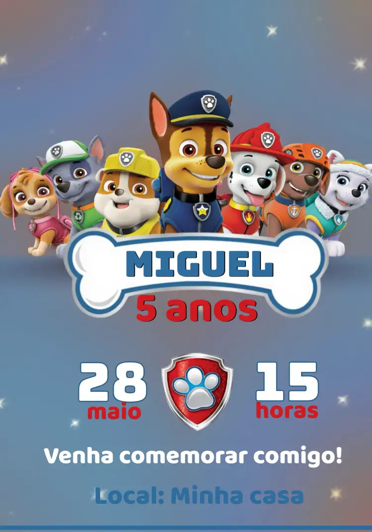 Convite Patrulha Canina Criança – tema Mais pesquisados azul, aventura, infantil, diversão, personagens, temática