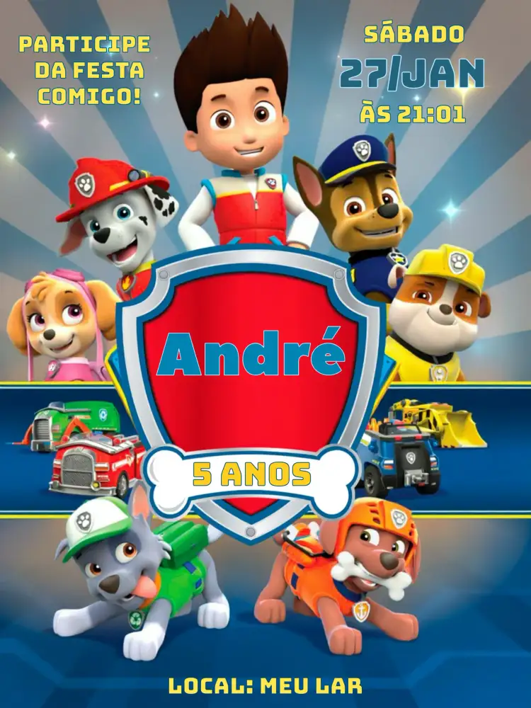 Convite Patrulha Canina Menino – tema Aniversário Infantil colorido, temático, infantil, divertido, moderno, animado