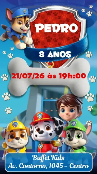Convite Patrulha Canina Menino – tema Aniversário Infantil cores vibrantes, estilo lúdico, personagens divertidos, elementos gráficos da Patrulha Canina, design infantil, temática de aventura