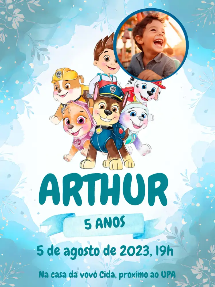 Convite Patrulha Canina Menino Com Foto Infantil – tema Aniversário Infantil azul, temática infantil, divertido, colorido, moderno