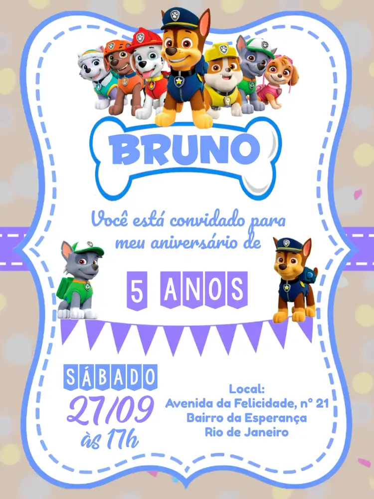 Convite Patrulha Canina Moldura – tema Aniversário Infantil azul, branco, roxo, marinho, listrado, infantil