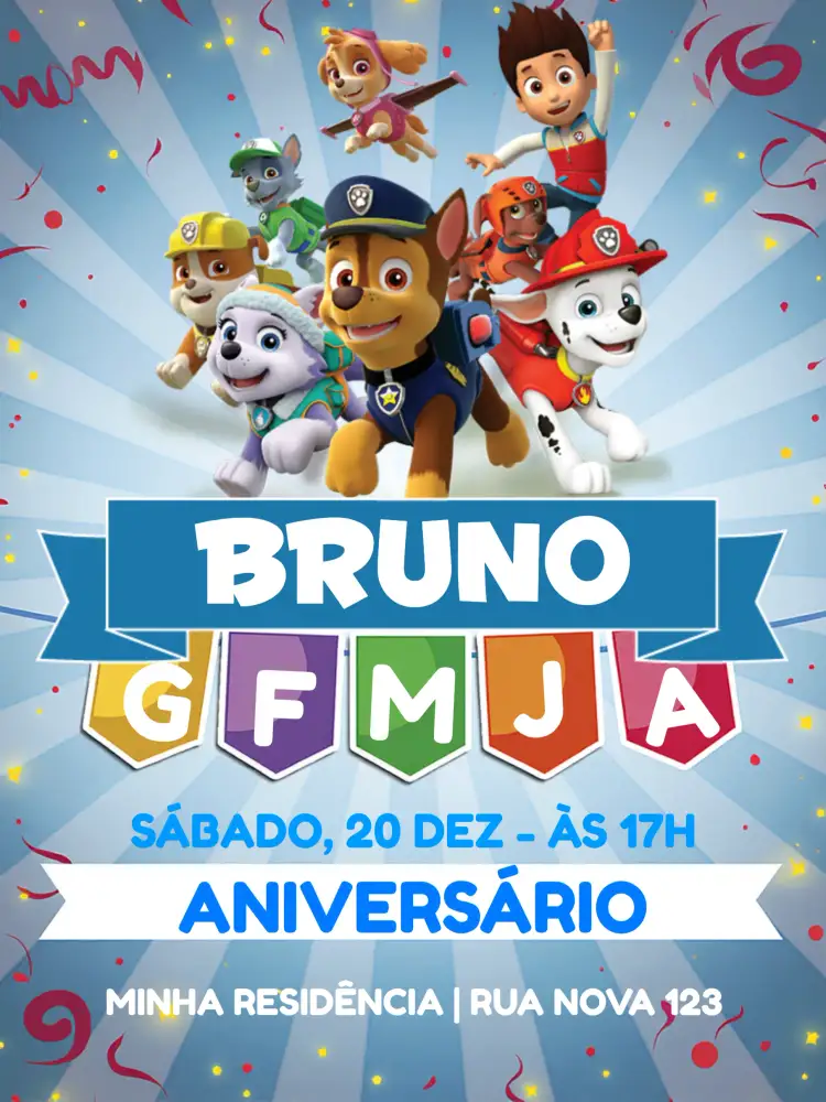 Convite Patrulha Canina Nome – tema Aniversário Infantil colorido, divertido, temático, infantil, moderno