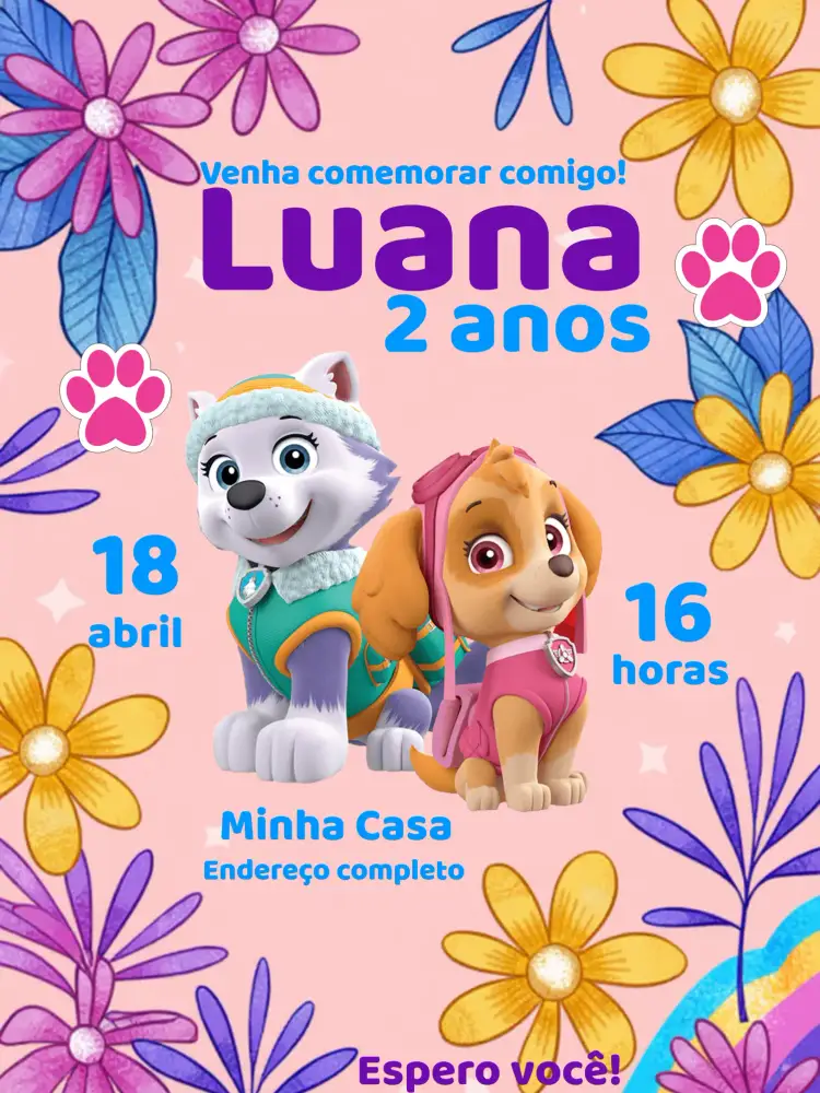 Convite Patrulha Canina Online – tema Aniversário Infantil cores vibrantes, estilo lúdico, elementos gráficos da Patrulha Canina, design divertido, tema infantil, estilo colorido