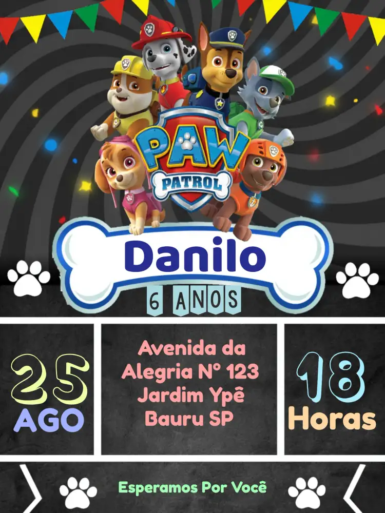 Convite Patrulha Canina Colorido – tema Mais pesquisados colorido, divertido, infantil, temático, animado