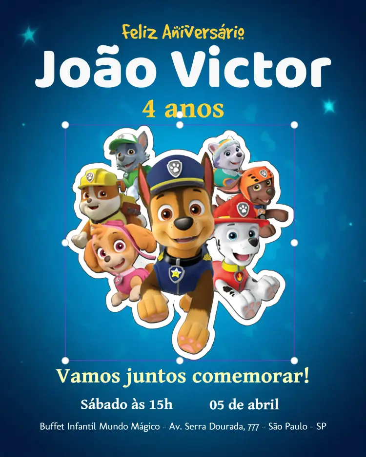 Convite Patrulha Canina Paw – tema Mais pesquisados colorido, aventura, infantil, divertido, animais, temática